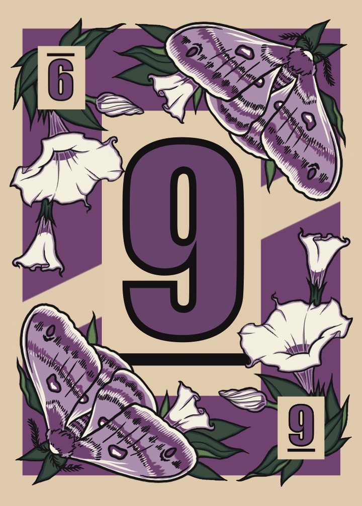 Feral purple suit card with moths